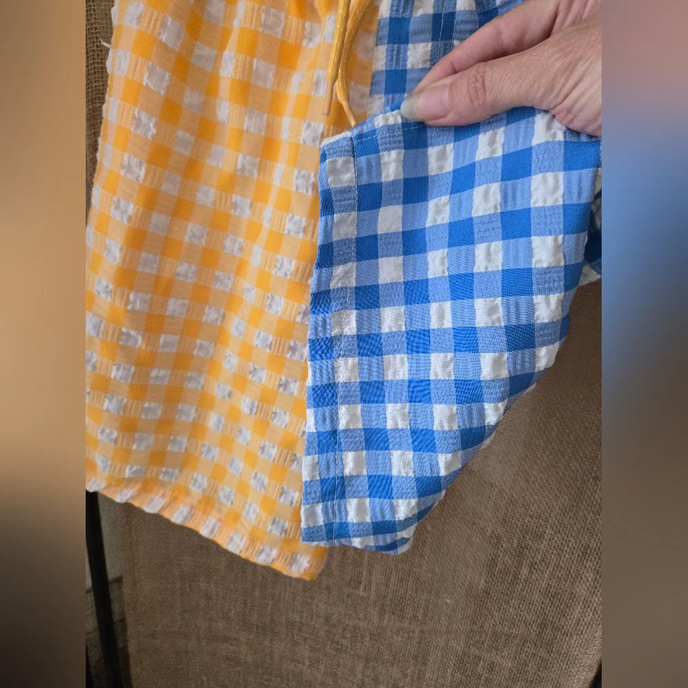 Boy's Wonder Nation Yellow Blue Gingham Seersucker Swim Trunks Size 8 - Picture 2 of 11